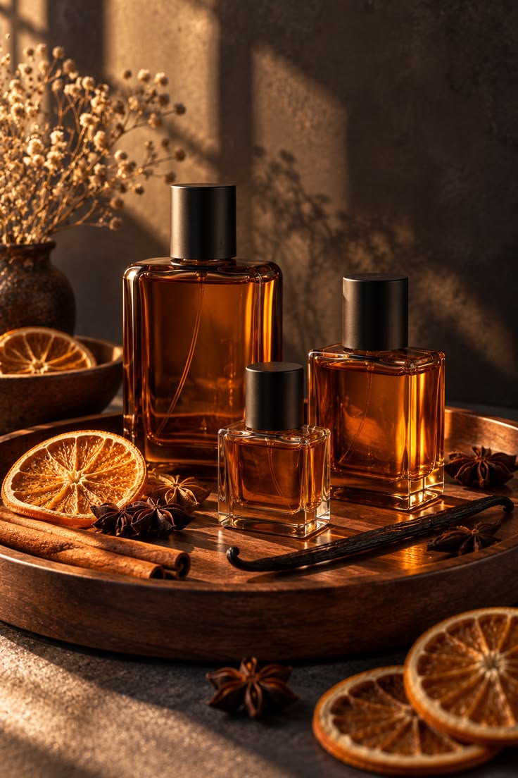 Warm amber fragrance bottle in shadow