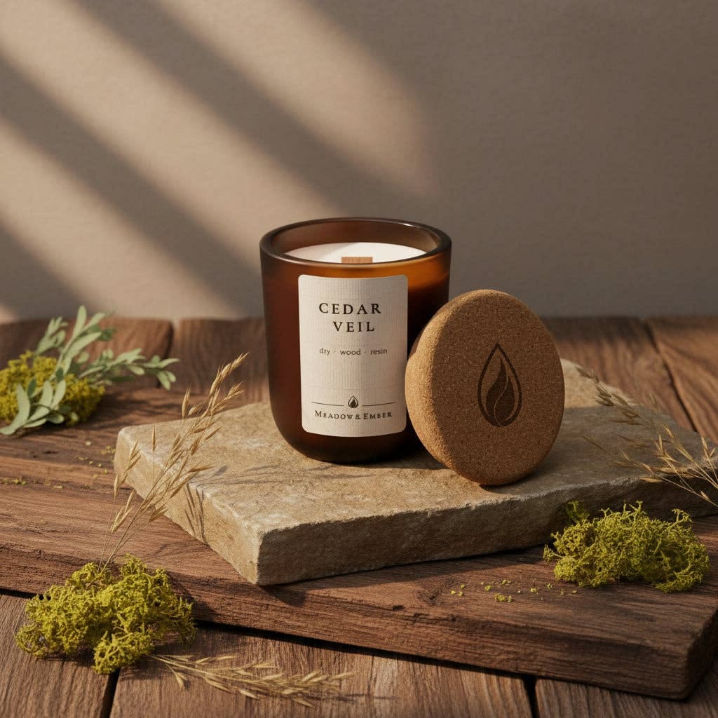 An artful fragrance still life with soft shadows and botanicals