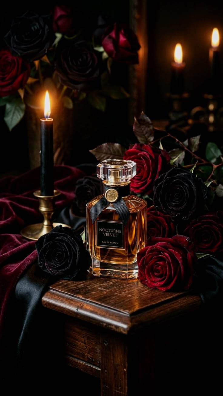 Glass fragrance bottle set against a warm architectural background